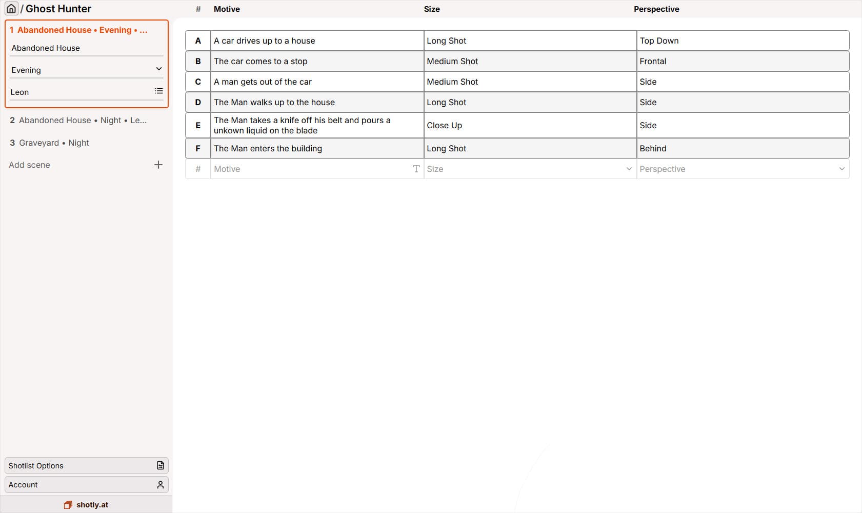 image of a shotlist with its scenes listet in the left sidebar and multiple shots listed on the right